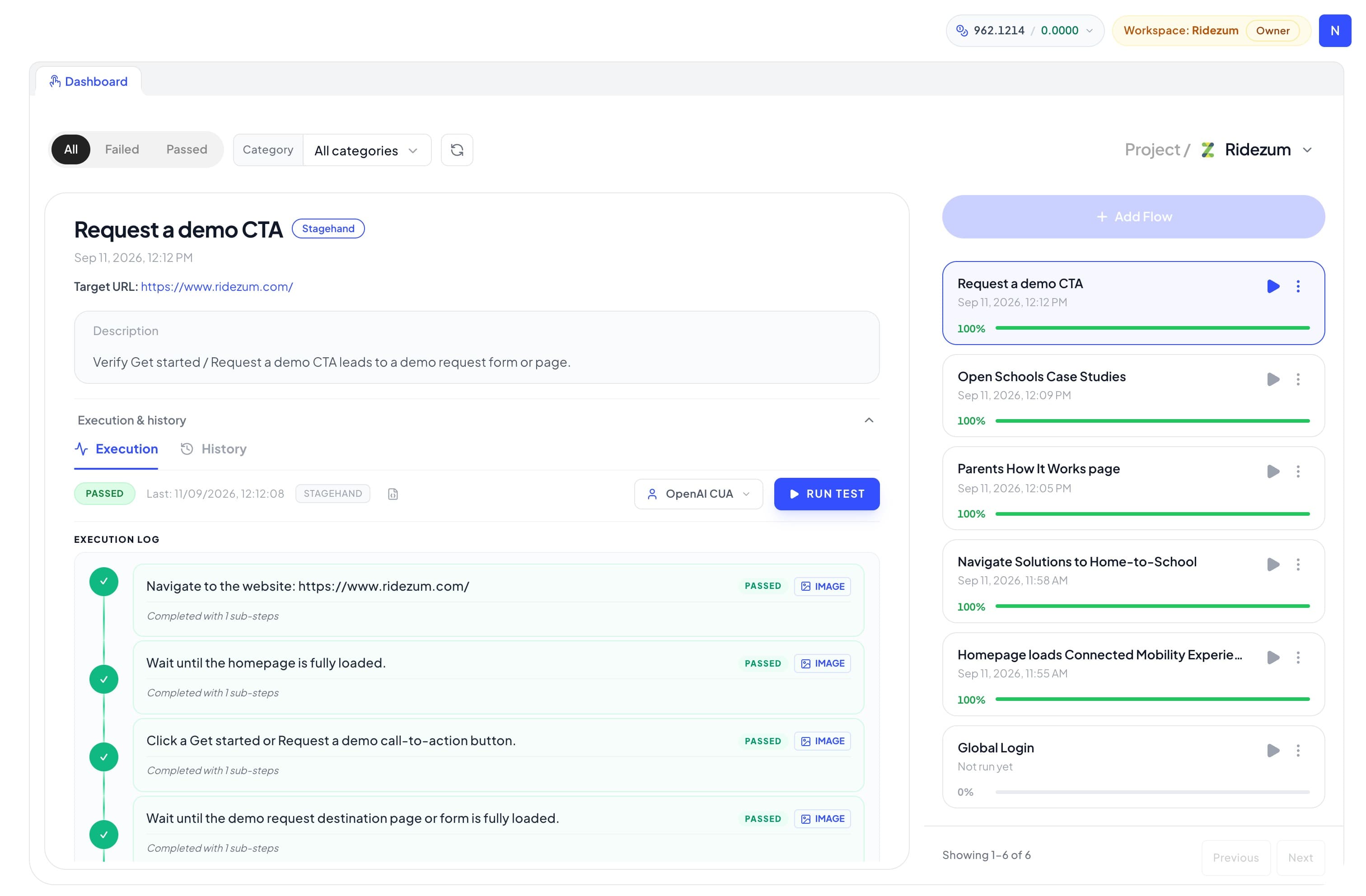Geck Agent Optimization workspace for Ridezum with passed flow execution